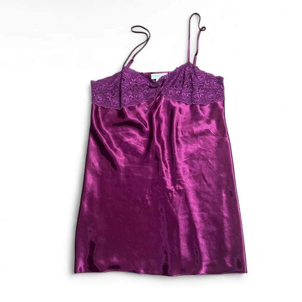 Morgan Taylor Womens Aubergine Mini Coquette Nightgown Sz L Chemise Satin Lace